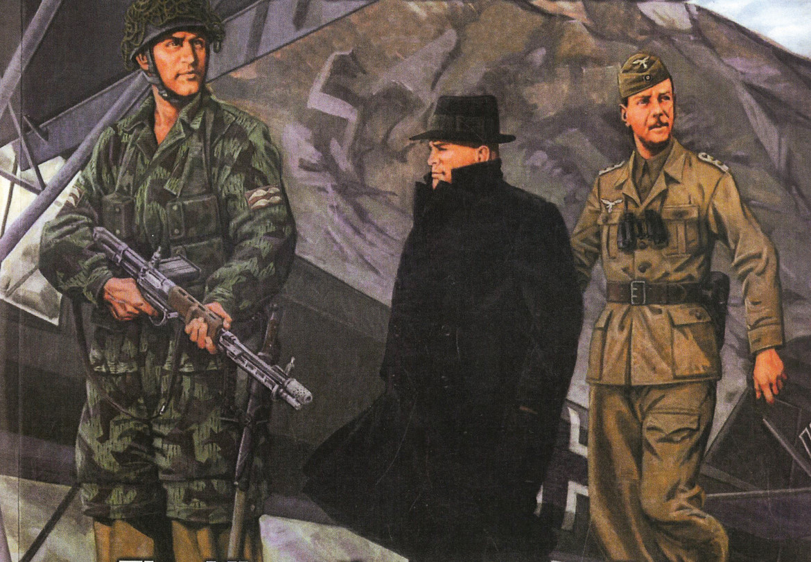 » Kurtarma operasyonu:n2. Dünya Savaşı'nın en riskli operasyonu Hitler'in İtalya'daki Gran Sasso otelinde tutulan Musolini'yi bir komando timi aracılığıyla kurtarmasıdır. Tarihe 'Gran Sasso' adıyla geçen olay yukarıdaki illüstrasyona konu olmuş. 