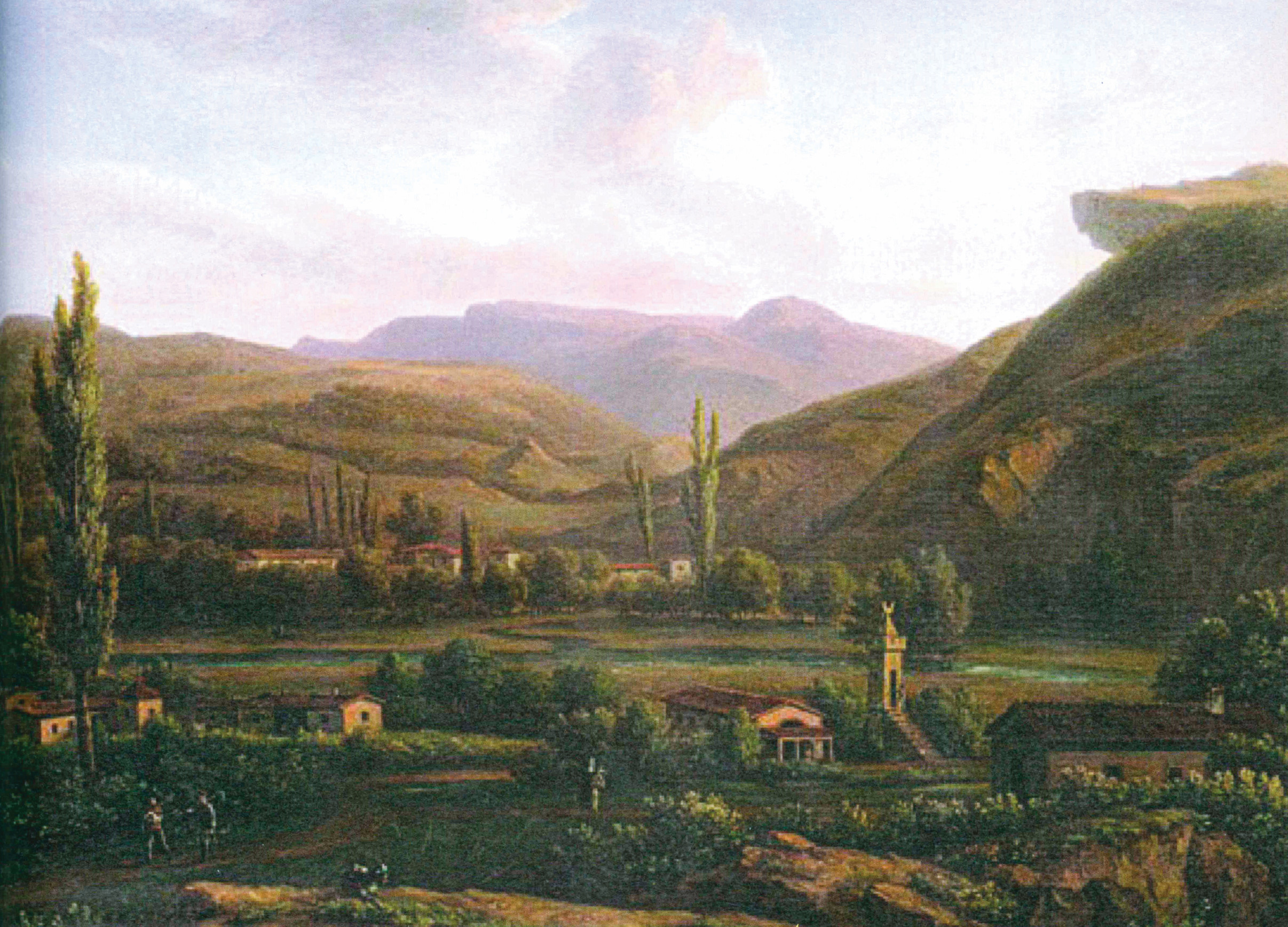 1817-19 senelerinde, zümrüdî tepeleri selamlayan vakur namazgâhı ile servilerin kucağında bir Kırım Tatar köyü. 1817-19 senelerinde, zümrüdî tepeleri selamlayan vakur namazgâhı ile servilerin kucağında bir Kırım Tatar köyü.