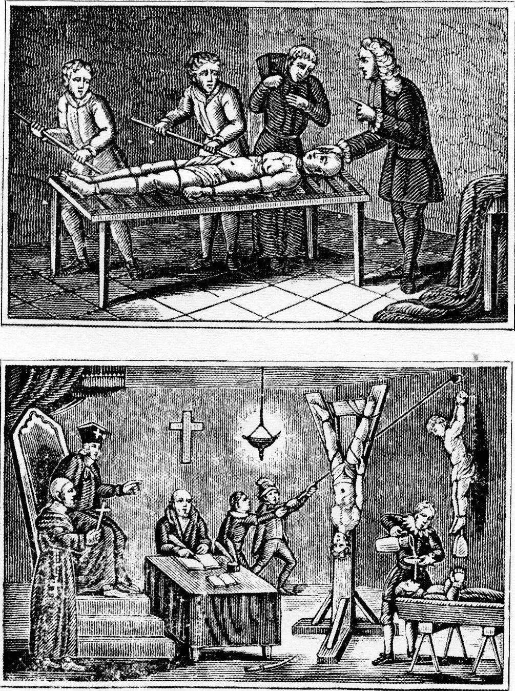» Sıkıysa itiraf etmesin! : Protestanlığın klasiklerinden Foxe's Book of Martrys adlı eserde yer alan bu iki ağaç baskıda Engizisyonun verdiği ceza doğrultusunda tavana el bileklerinden asıp germe (garrucha), ağza keten bir bez yerleştirip su boca etme (toca) ve gergiye kablolarla bağlayıp sıkma (potro) sahneleri tasvir edilmiş. » Sıkıysa itiraf etmesin! : Protestanlığın klasiklerinden Foxe's Book of Martrys adlı eserde yer alan bu iki ağaç baskıda Engizisyonun verdiği ceza doğrultusunda tavana el bileklerinden asıp germe (garrucha), ağza keten bir bez yerleştirip su boca etme (toca) ve gergiye kablolarla bağlayıp sıkma (potro) sahneleri tasvir edilmiş.