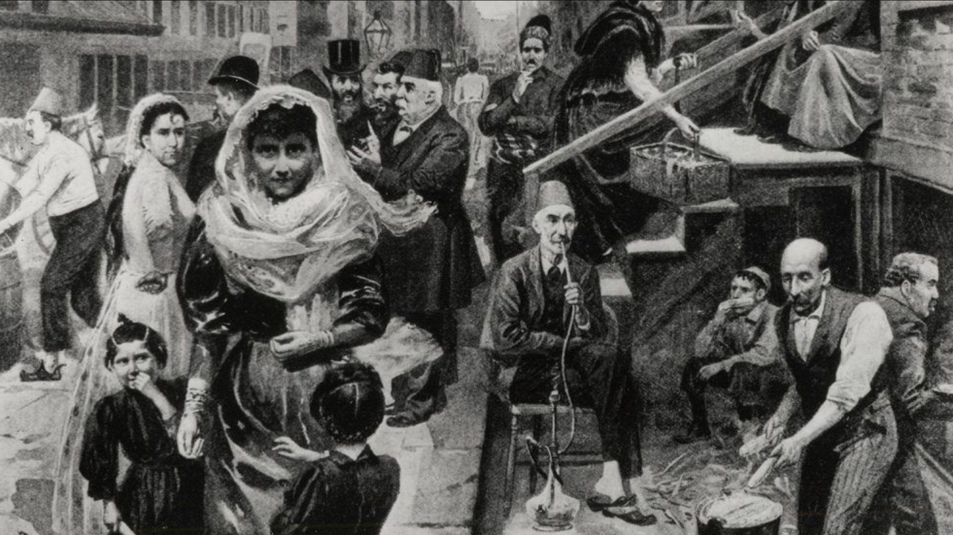 1896 yılında Manhattan'daki Washington Caddesi'ndeki Suriyeli göçmenleri gösteren bir illüstrasyon. 1896 yılında Manhattan'daki Washington Caddesi'ndeki Suriyeli göçmenleri gösteren bir illüstrasyon.
