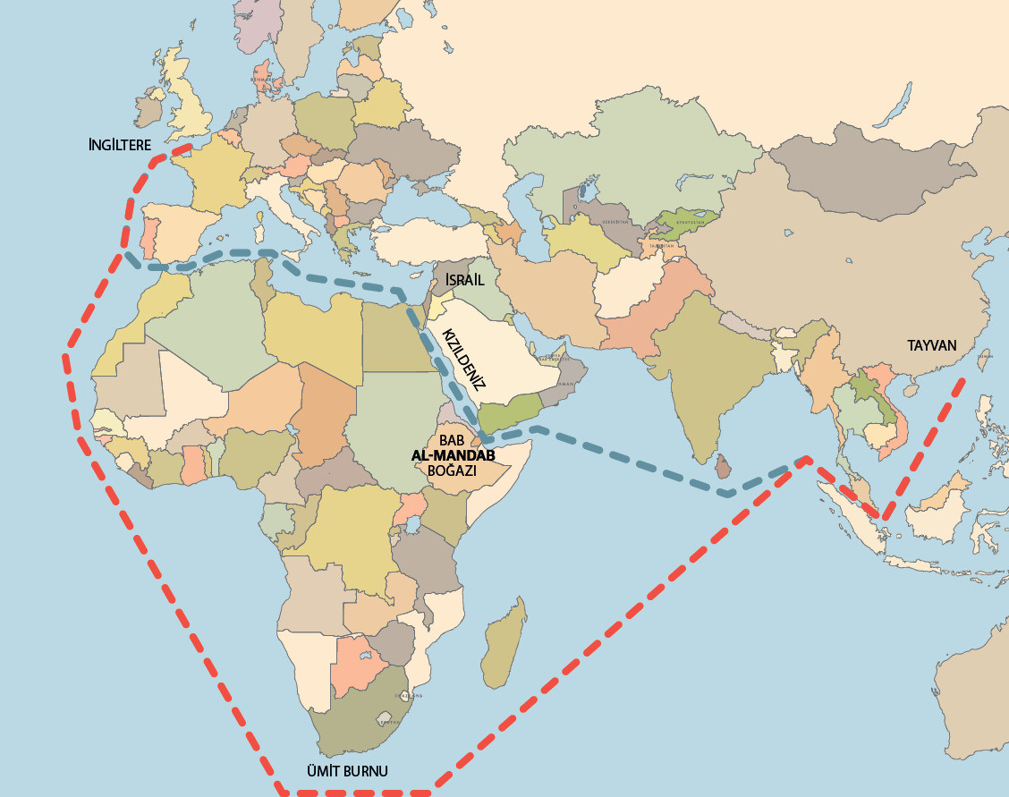 Kızıldeniz ve Süveyş Kanalı rotaları. Kızıldeniz ve Süveyş Kanalı rotaları.